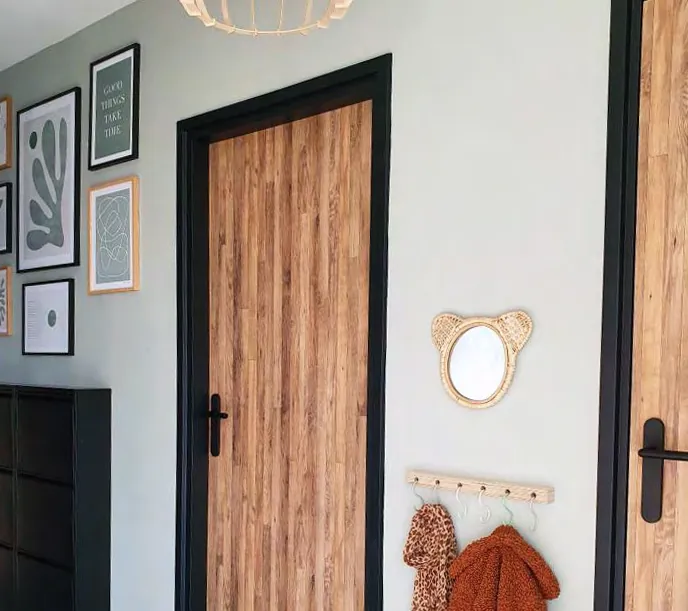 Puerta de paso forrada en madera con el marco en negro